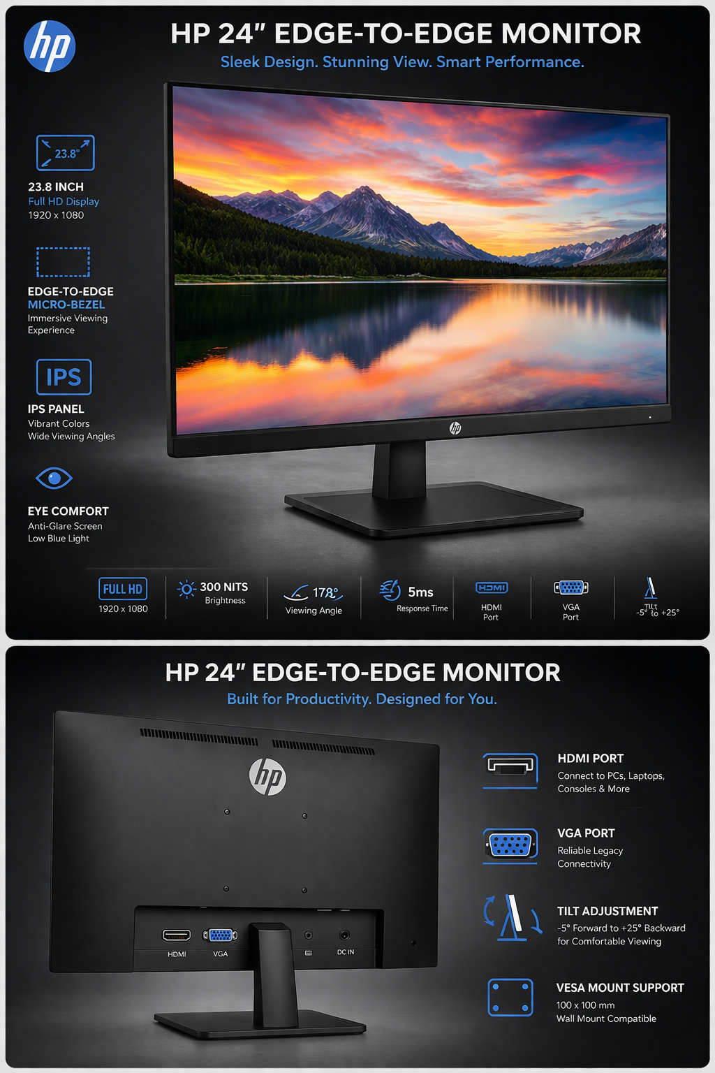 HP Eye Ease monitor 24 inches black Full HD (FHD) @ 60Hz